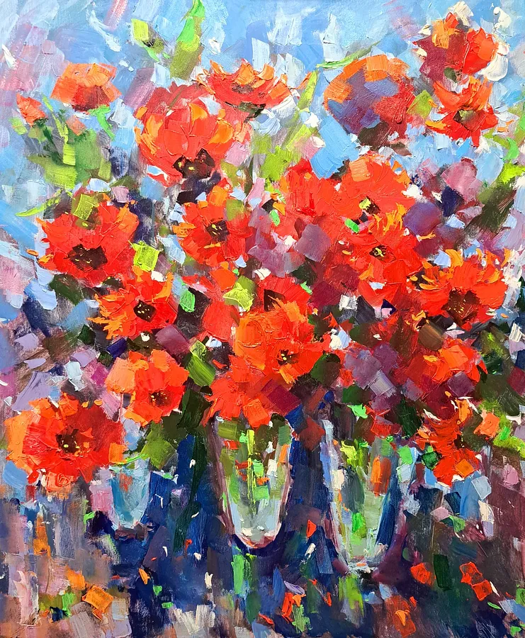 Image of Poppies for Mom by Olha Kashshai, size: 80 × 90 cm, made of Canvas, Painting medium, priced at €900