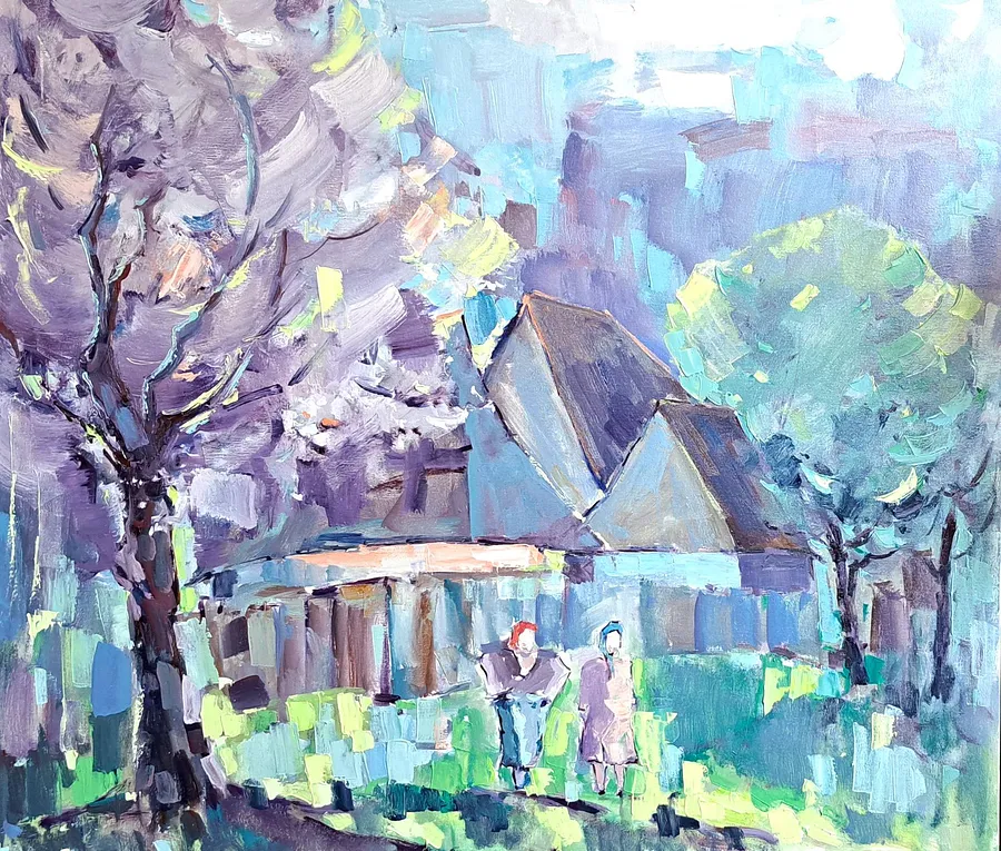 Image of The Gossips by Olha Kashshai, size: 90 × 80 cm, made of Canvas, Painting medium, priced at €850
